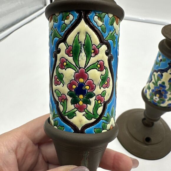 Set 2 Antique French Brass & Bronze Candlestick w/Longwy Pottery Column. 9” Tall - Picture 3 of 10